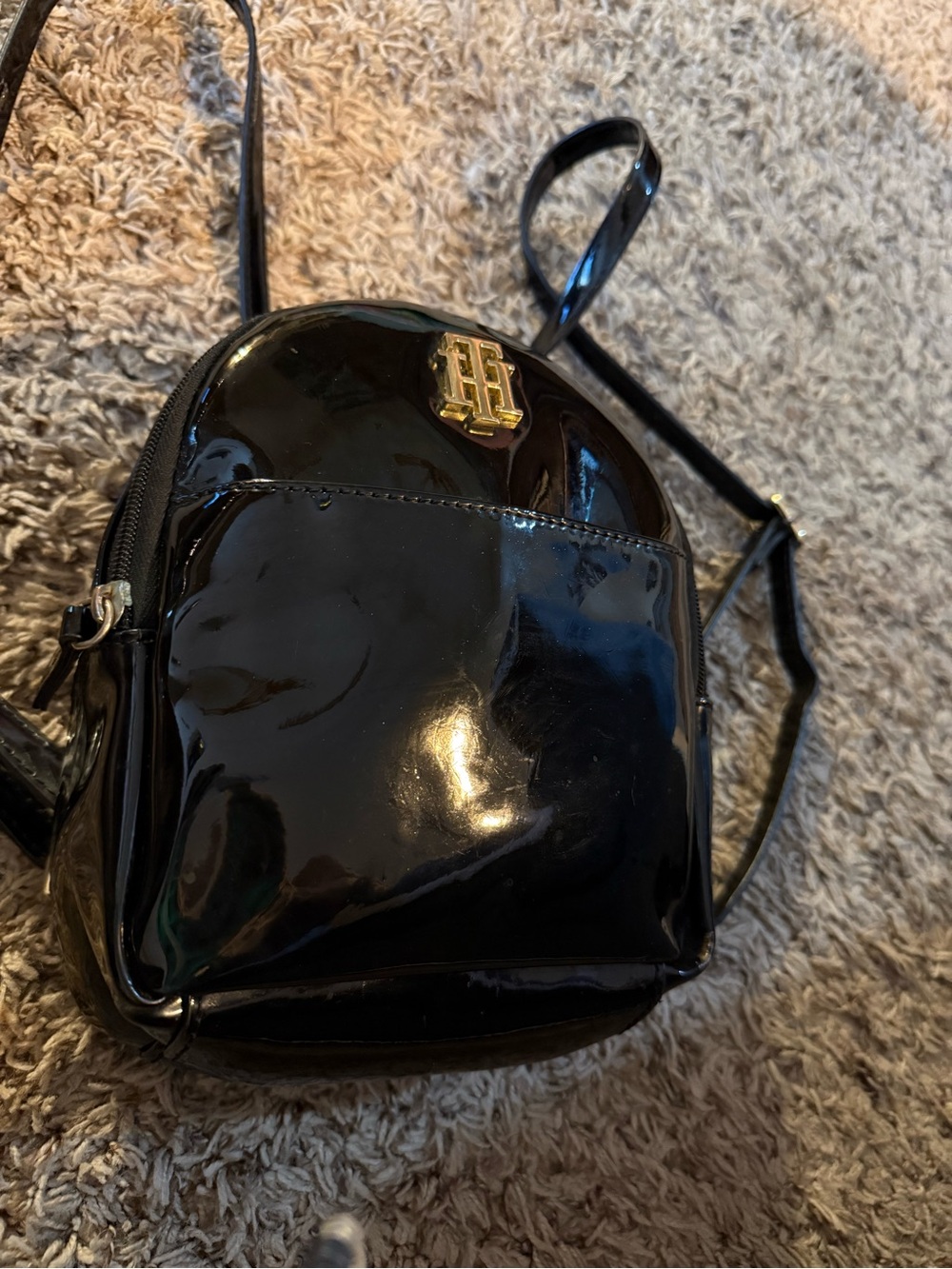 Tommy Hilfiger- Black Patent Mini Crossbody Backpack with Gold Logo